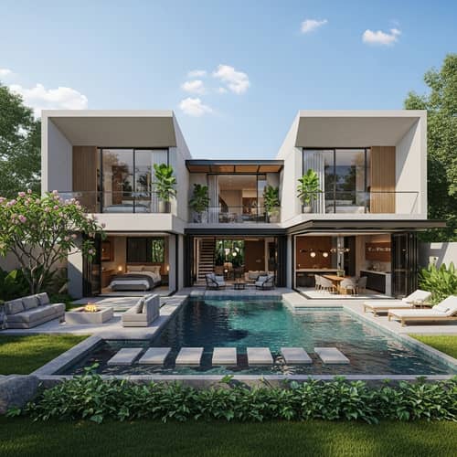 Contemporary Two-Storey House Design with Pool & Greenery