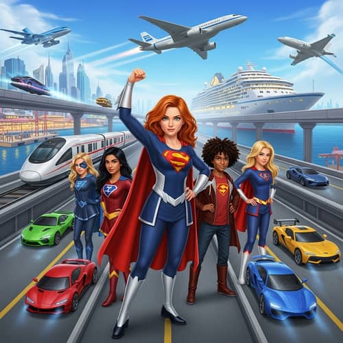 Diverse Superhero Scene with Futuristic Transport Modes