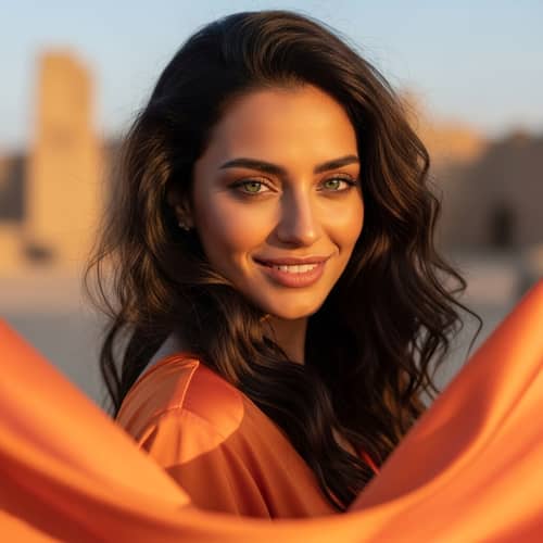 Stunning Middle-Eastern Woman with Long Dark Brown Hair | Orange Silk Gown