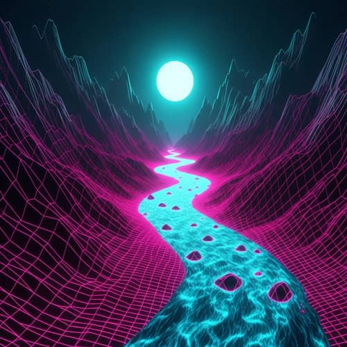 Futuristic 8K Neon-Style River Illustration in Mountainous Terrain
