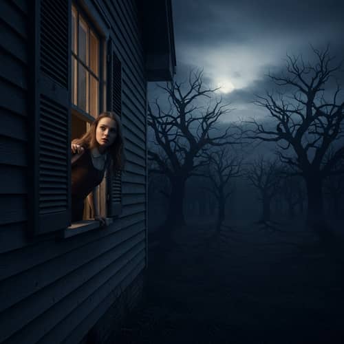 Southern Gothic Female Peering from Weathered House Window