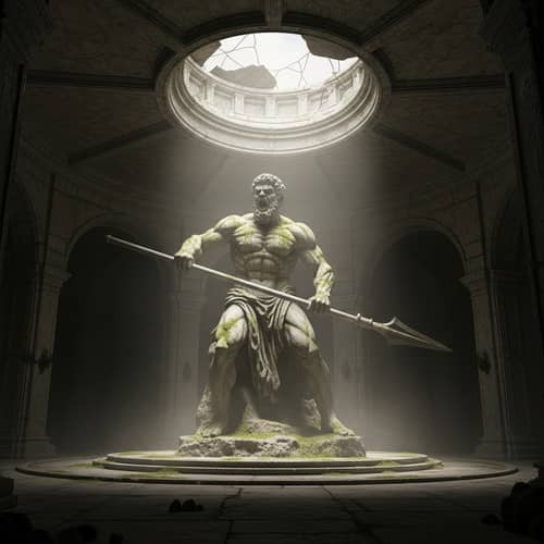 Ancient Barbarian Statue in Dusty Circular Room