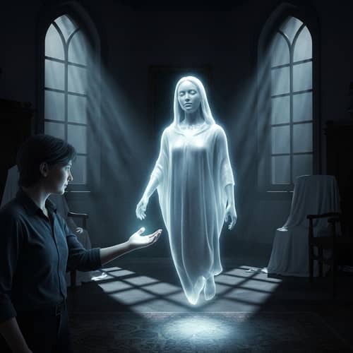 Peaceful Encounter: Person and Ethereal Ghost in Dimly Lit Room