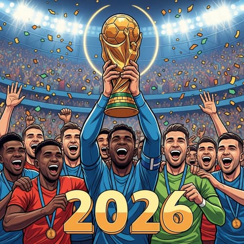 Diverse Football Players Triumphantly Holding 2026 World Championship Trophy