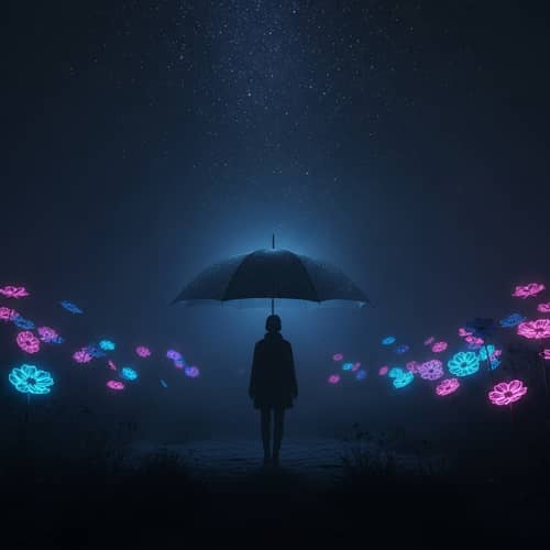Mystical Starry Scene with Neon Flowers | Solitude & Wonder