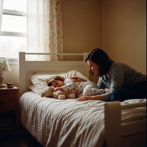 Heartwarming Family Bedroom Scene with Toddler and Stuffed Animal
