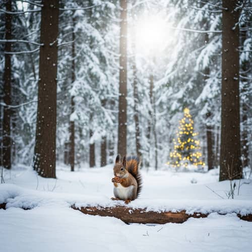 Enchanting Winter Woodland Scene with Squirrel and Christmas Tree