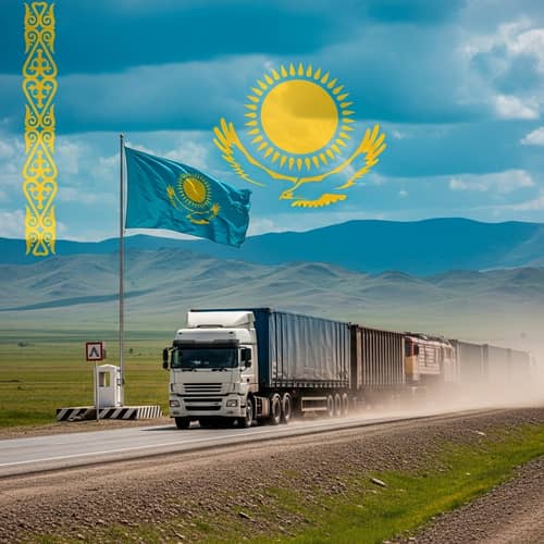Kazakhstan Cargo Transit: Flag Logo on Steppe Road