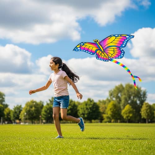Joyful South Asian Girl Playing with Butterfly Kite in Sunlit Park
