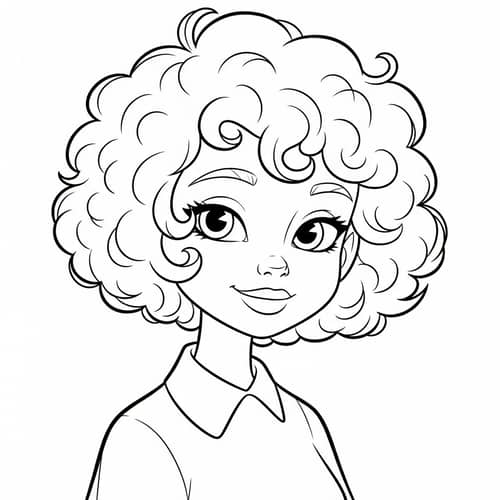 Girl with Short Curly Hair | Line Drawing for Coloring Page