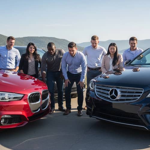 Diverse Group Admiring Cars - Seven Individuals Together