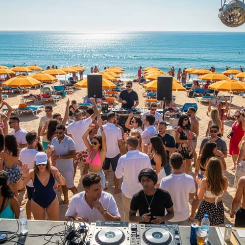 Bustling Beach Party with Live DJ | Mediterranean Fun Scene