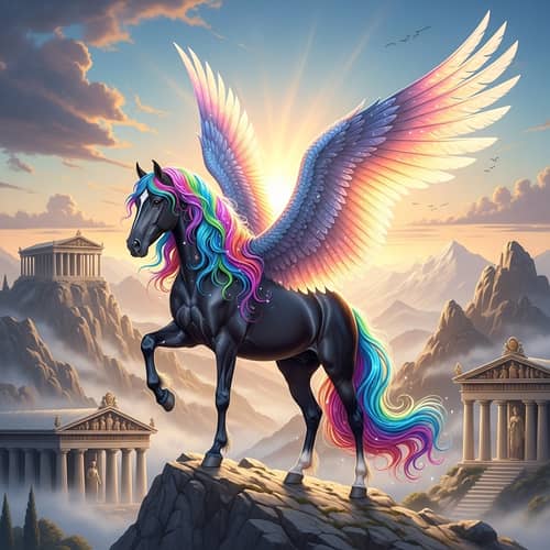 Black Horse with Rainbow Mane at Mount Olympus