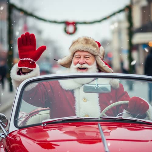 Jolly Holiday Figure Driving Classic Red Car with Christmas Decorations