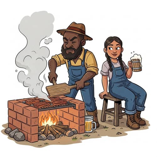 Cartoon Hillbillies Smoking Meat on Brick BBQ Pit
