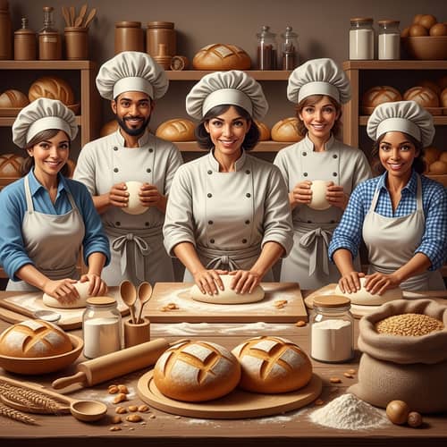 Rustic Bakery Scene with Diverse Bakers Kneading Dough