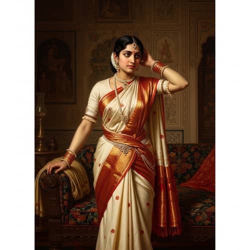 Vibrant Saree in Traditional Indian Setting | Raja Ravi Varma Style
