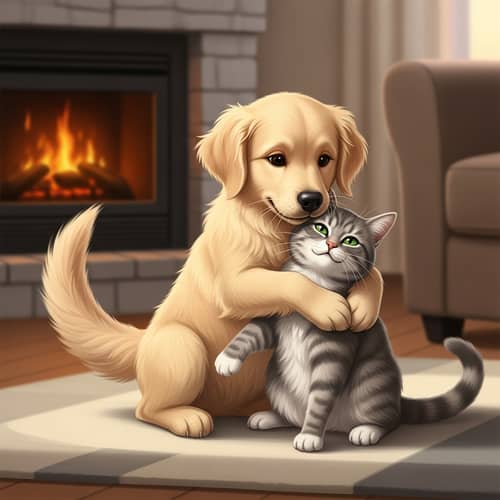Heartwarming Pet Companionship: Dog Hugging Cat