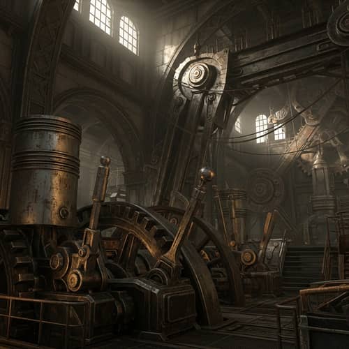 Vintage Dystopian Machinery in Alternative History Game Setting