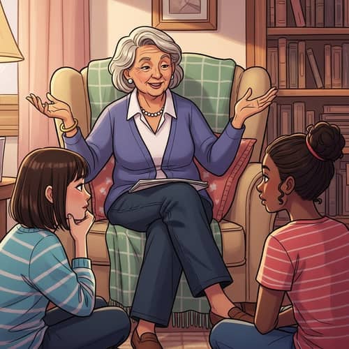 Multicultural Storytelling: Mature Lady Narrating to Teen Girls