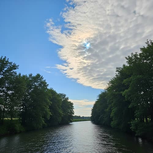 Tranquil River Scene with Blue Sky and Fluffy Clouds