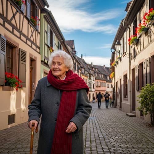 Elderly Woman Walking in Historic Haguenau | French Architecture