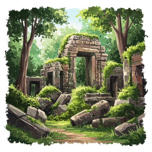 Mysterious Ancient Ruins in Lush Watercolor Style