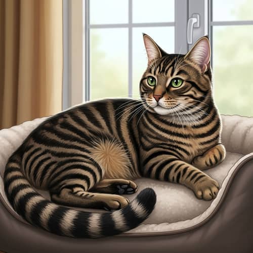 Domestic Tabby Cat Resting on Plush Bed by Window