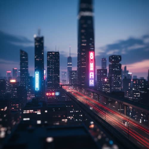 Futuristic Cityscape at Dusk with Cyberpunk Aesthetics