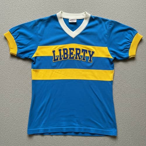 1950s Style Blue Soccer Jersey with Yellow Stripes - Liberty