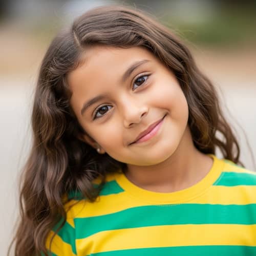 Young Hispanic Girl in Yellow and Green Striped T-Shirt