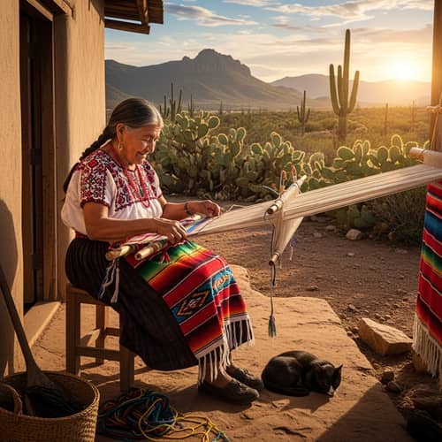 Traditional Mexican Scene: Elderly Woman Weaving Colorful Blanket