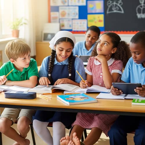 Eccentric Middle-Eastern girl in school uniform studying with friends