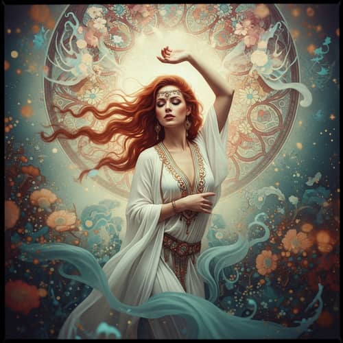 Enchanting Art Nouveau Style Portrait of Moroccan Woman with Radiant Red Hair