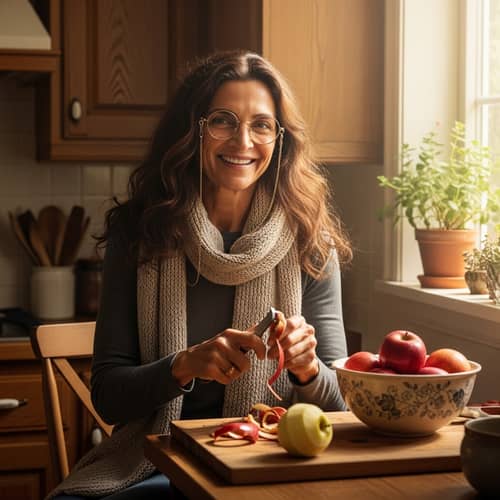 Radiant Woman in Grandmotherly Attire | Kitchen Scene