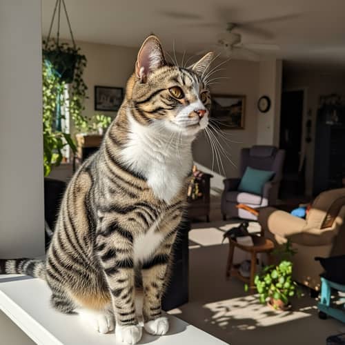 Glossy Mixed Colors Tabby Cat Enjoying Sunlight on Windowsill