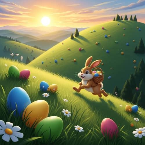 Joyous Easter Bunny Hopping on Colorful Mountain