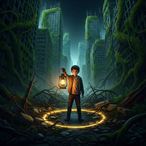 Apocalyptic World: Boy with Lantern in Dark Landscape