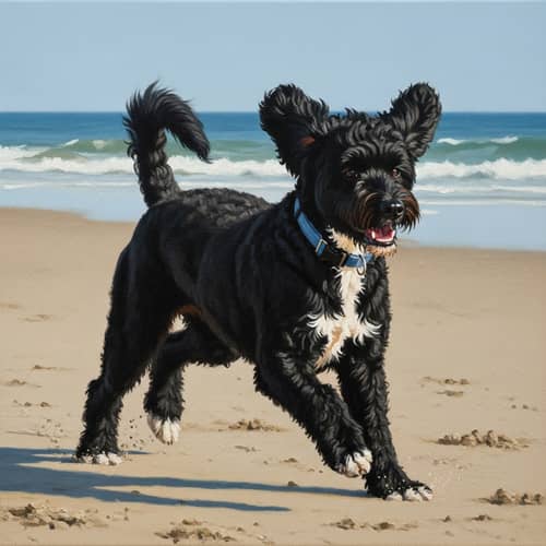 Playful Portuguese Water Dog Running on Sandy Beach Oil Painting