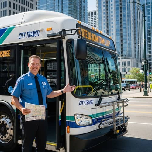 Professional Bus Driver Welcoming Passengers | Cityscape View
