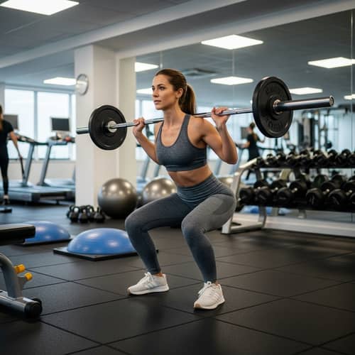 Mid-Thirties Caucasian Woman Barbell Squat Exercise in Well-Lit Gym