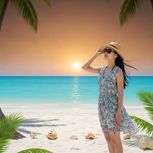 Asian Woman Serene Beach Image | Sunset Scenery