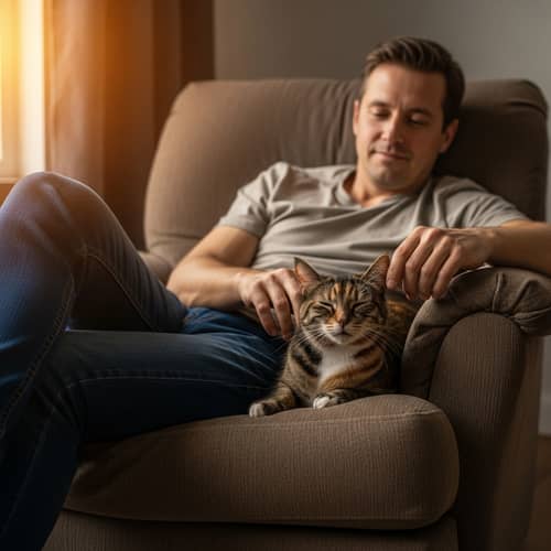 Tranquil Scene: Man Enjoying Peaceful Moment with Cat on Plush Armchair