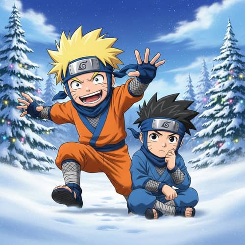 Young Ninja Characters in Enchanting Winter Landscape