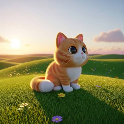 Adorable Cat Sitting on Hill - 3D Image