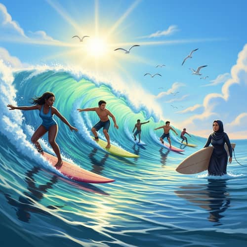 Colorful Surfing Adventure | Diverse Surfers Catching Waves