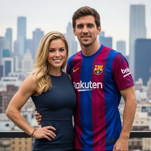Elegant Woman & Athletic Man in Cityscape | Fashion Icon & Ball Player