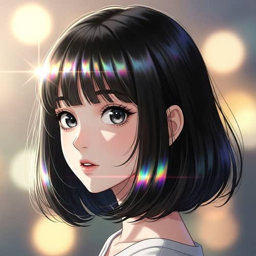 Anime-Style Girl with Black Bob Hairstyle and Iridescent Fringe