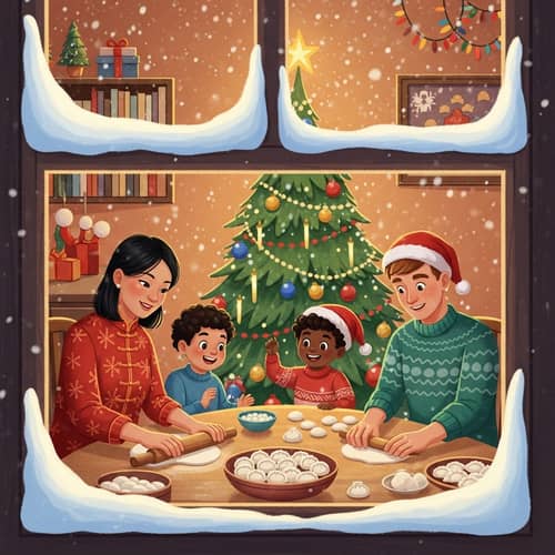 Festive Family Making Dumplings Around Christmas Tree