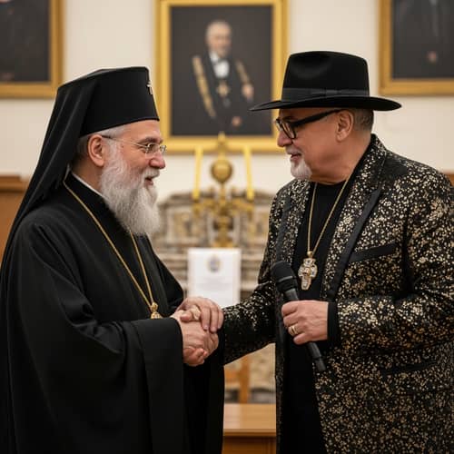 Religious Figure Engages with Flamboyantly Dressed Singer